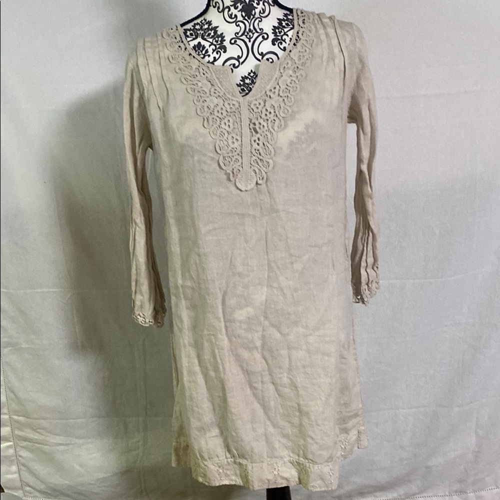 Carla Conti Made in Italy Linen Mini  Tan Dress Scalloped Lace Preloved